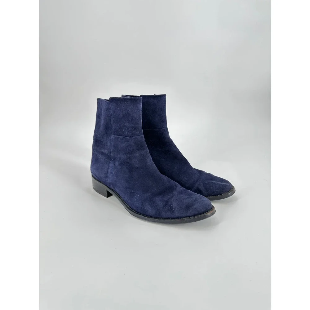 Stuart Weitzman 5050 Navy Blue Suede Ankle Boots 10M Low Block Heel Made Spain